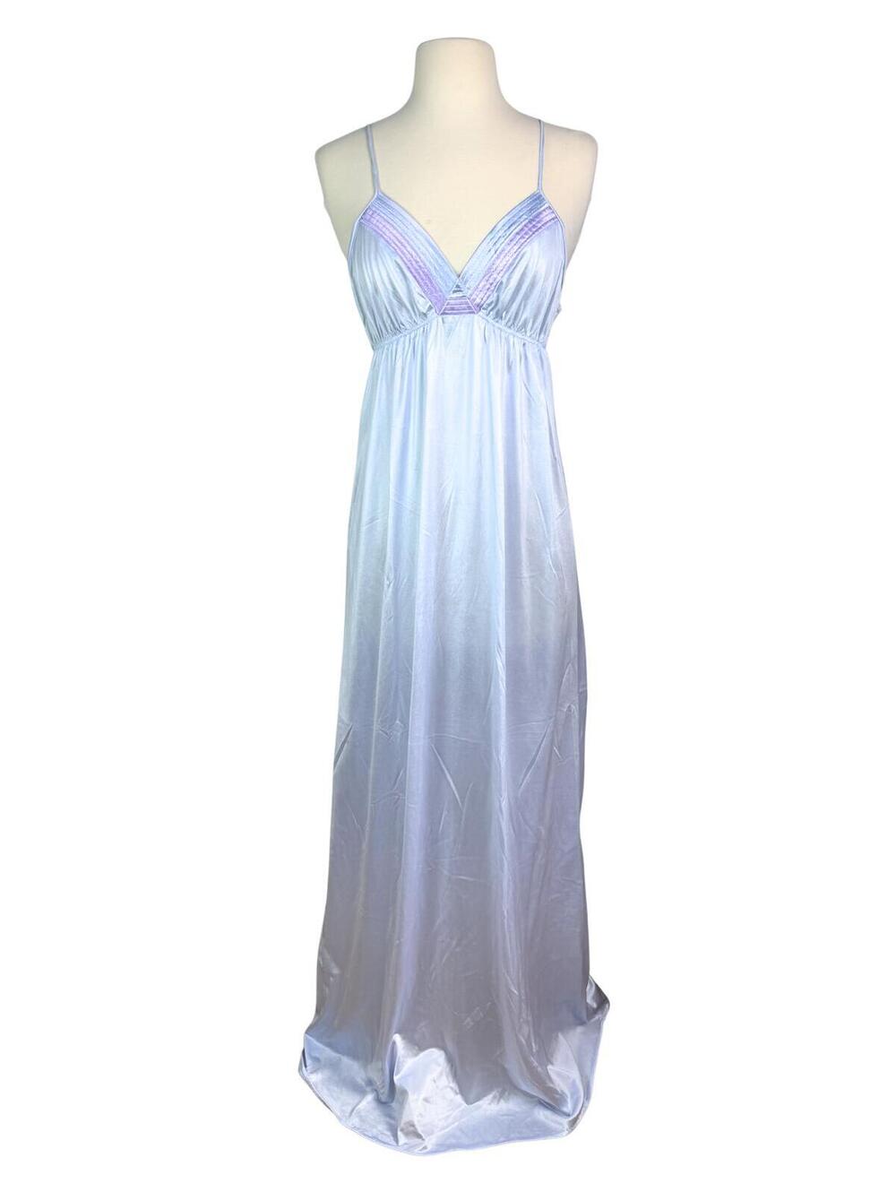 Vintage Blue Satin Maxi Nightgown Lavender Trim Empire Waist Slip Dress